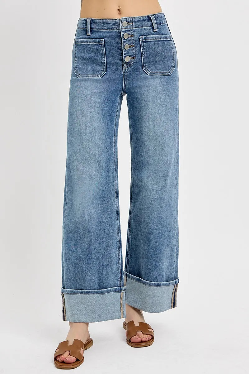 RISEN High Rise Ankle Wide Button Patch Pocket Cuffed Jeans - Tigbul's Variety Fashion Shop