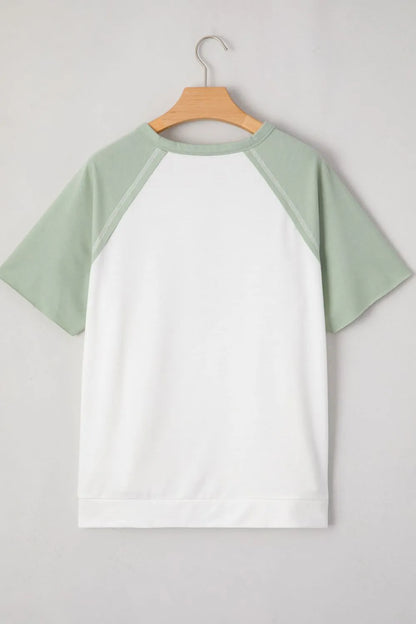 Color Block Raglan Short Sleeve Half Buttons High Low T Shirt - Tigbul's Variety Fashion Shop