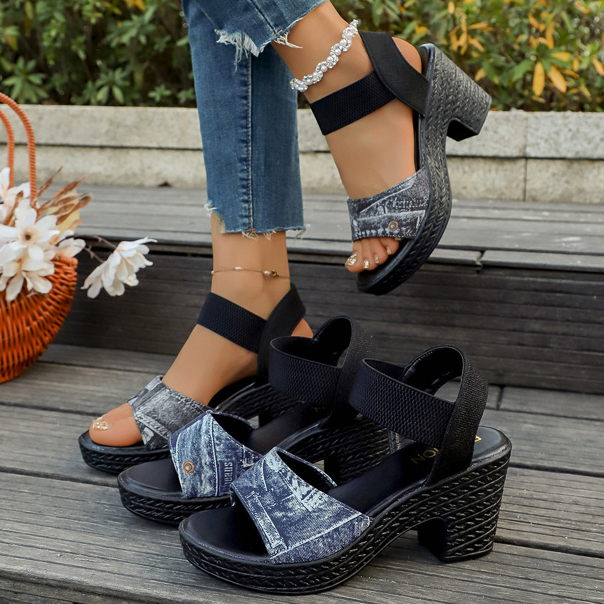 Open-toe block heeled sandals with black straps and denim-pattern toe on platform sole