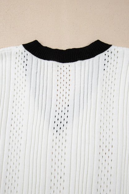 Contrast Trim Eyelet Knit V Neck White Sweater Vest - Tigbul's Variety Fashion Shop