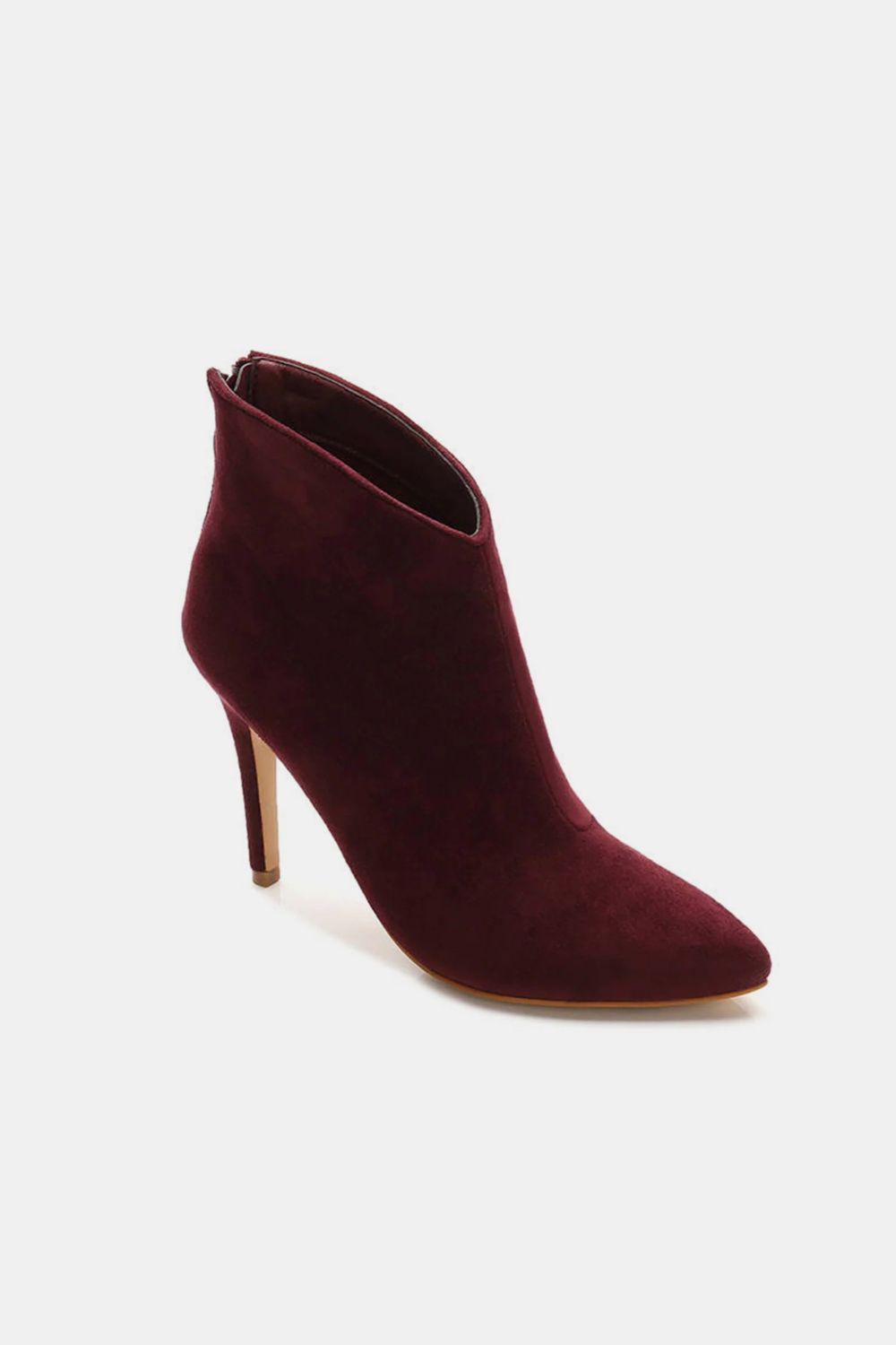 Burgundy Suede Stiletto Ankle Booties with Back Zippers - Tigbul's Variety Fashion Shop