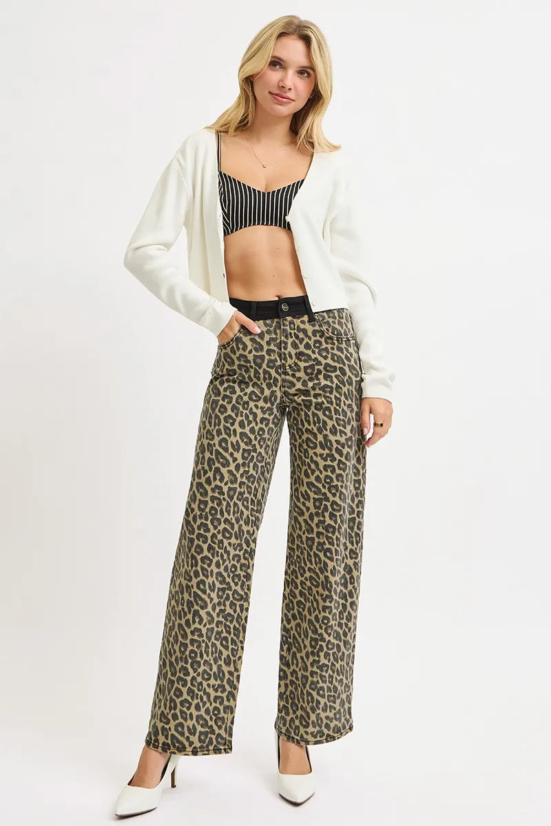 RISEN High Rise Wide Leg Leopard Printed Jeans with Contrast Waist Band Detail - Tigbul's Variety Fashion Shop