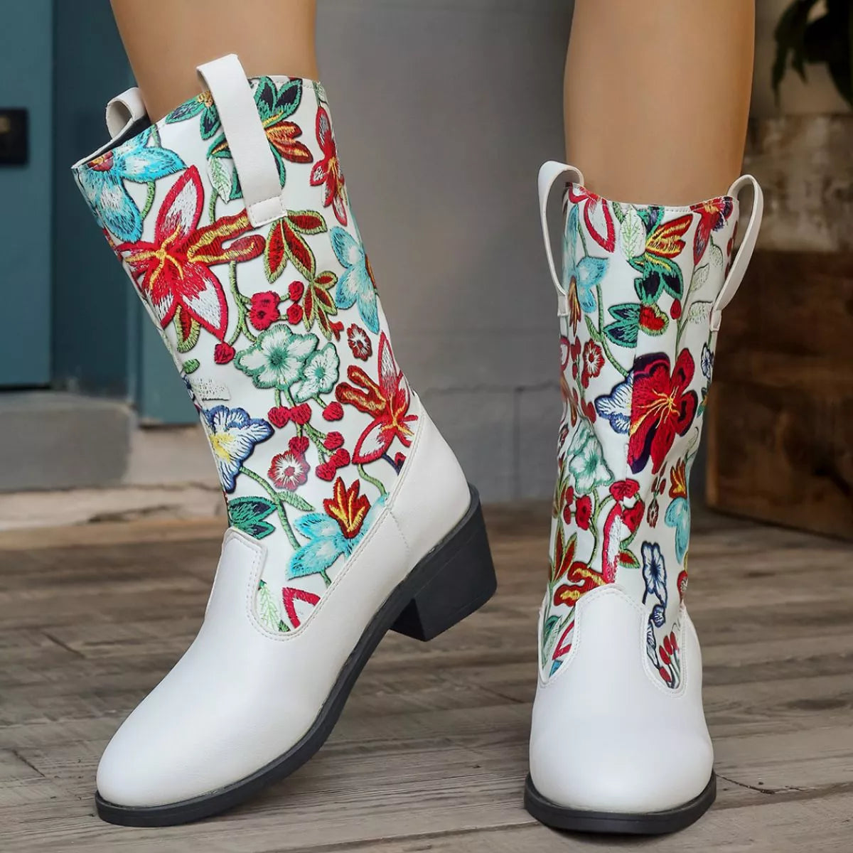 Floral Block Heel Boots - Tigbul's Variety Fashion Shop