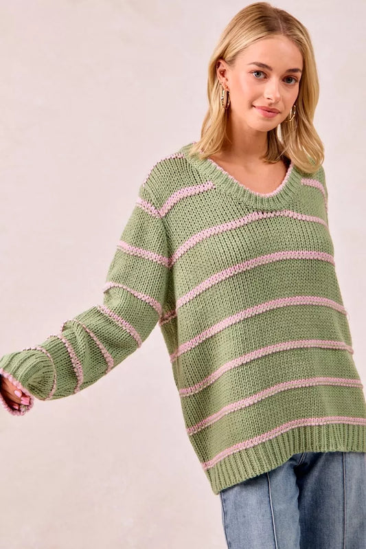 BiBi Striped Long Sleeve Sweater - Tigbul's Variety Fashion Shop