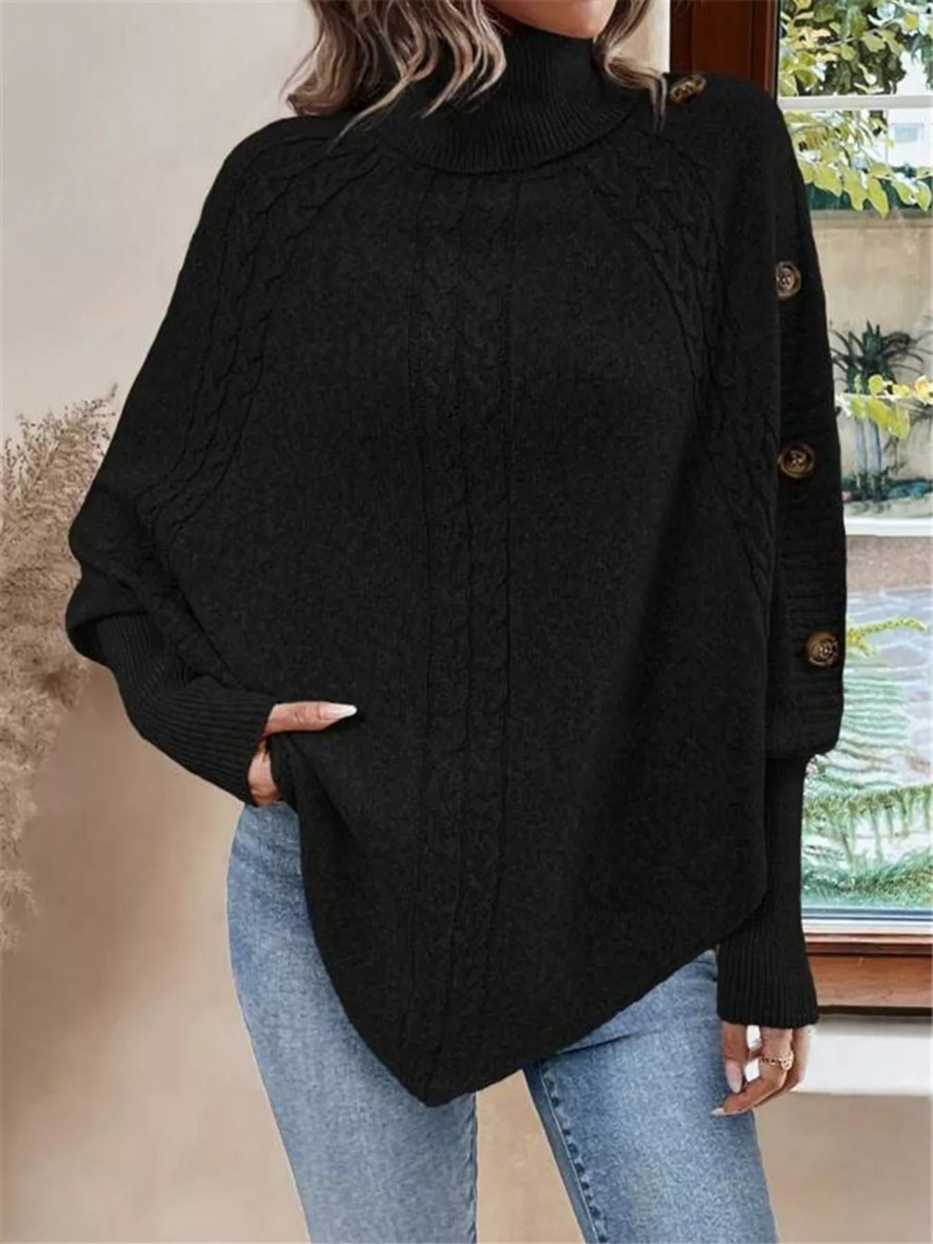 Cable Knit Turtleneck Cape Sweater - Tigbul's Variety Fashion Shop