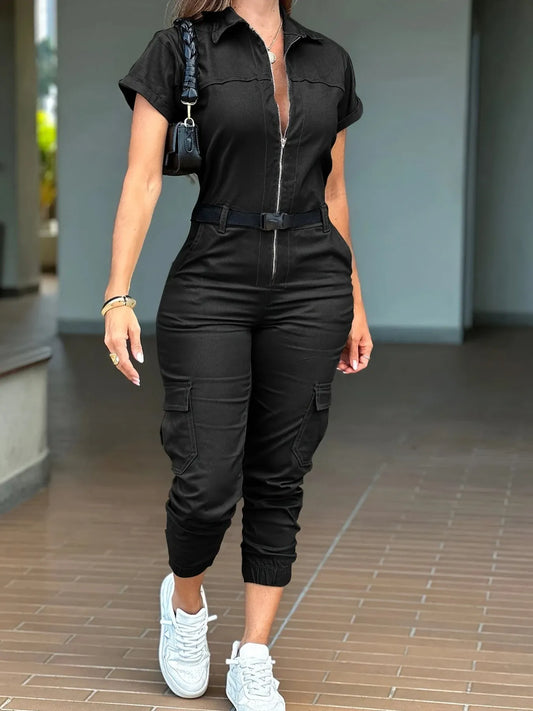 Zip Front Short Sleeve Jumpsuit - Tigbul's Variety Fashion Shop