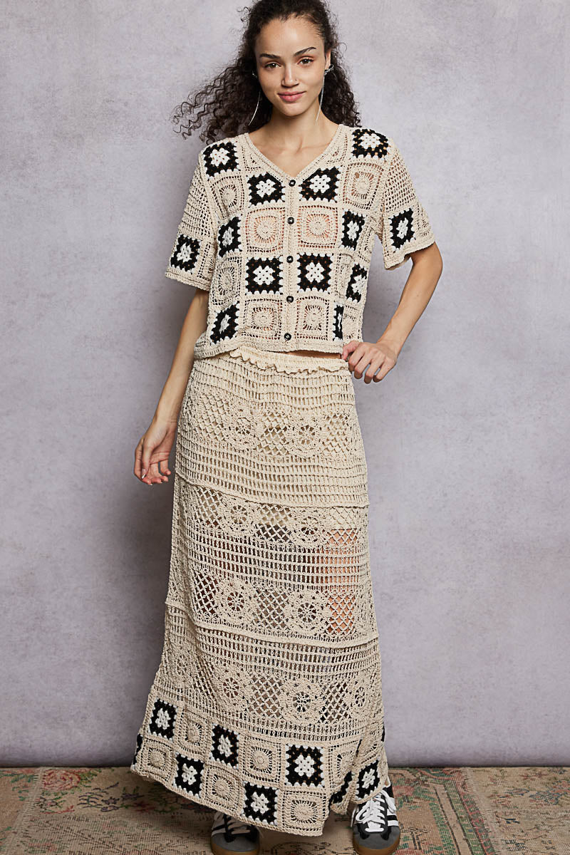 Trendsi natural maxi crochet skirt with ruffled waistband and black granny square details