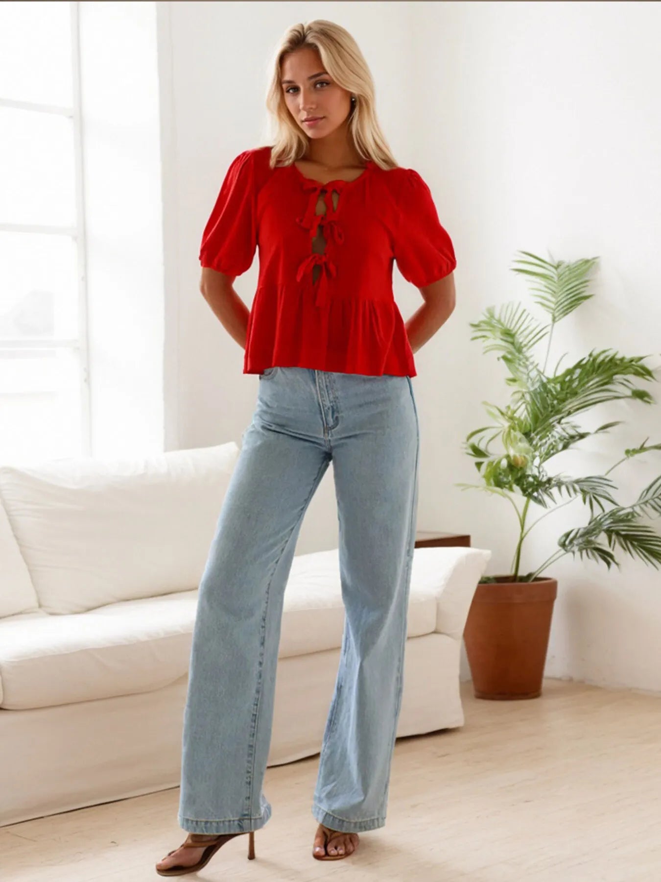 Tie-Front Short Sleeve Blouse - Tigbul's Variety Fashion Shop