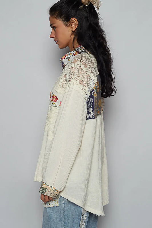 POL Lace Patchwork Floral Trim Long Sleeve Shirt - Tigbul's Variety Fashion Shop