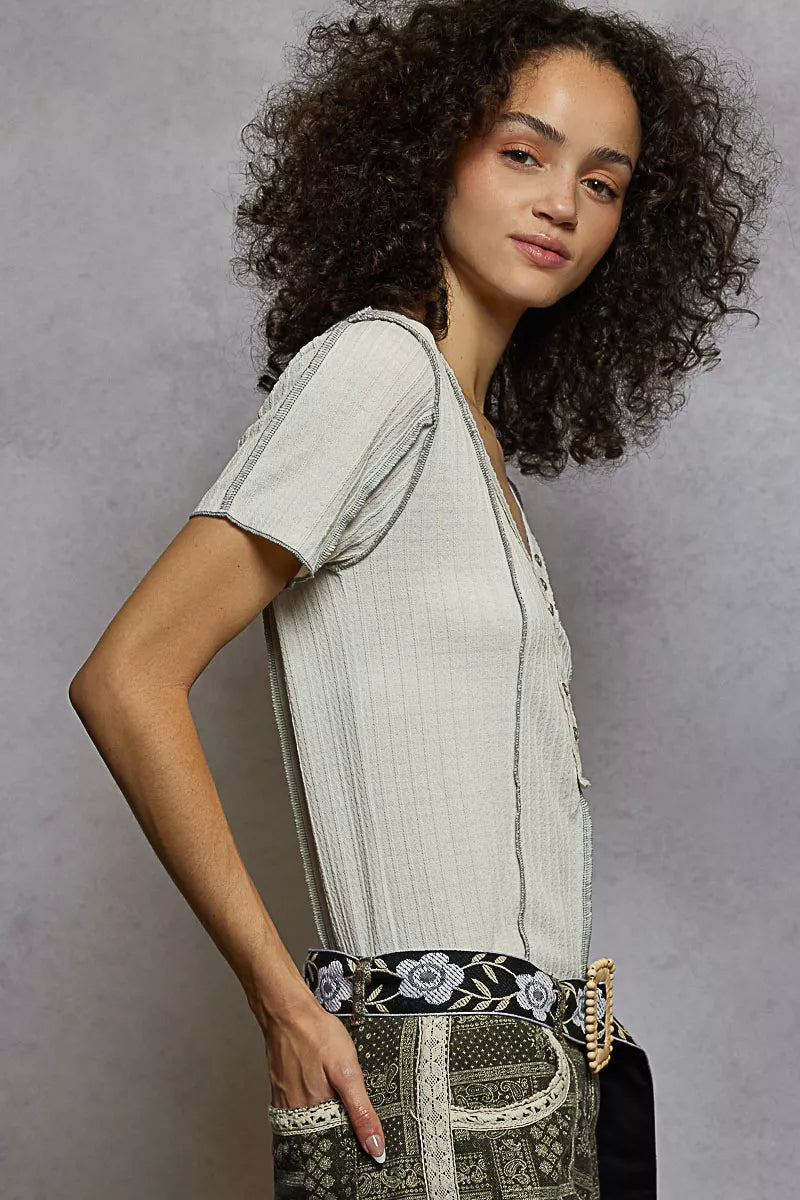 POL V-Neck Short Sleeve Top with Stitch Seam Detail - Tigbul's Variety Fashion Shop