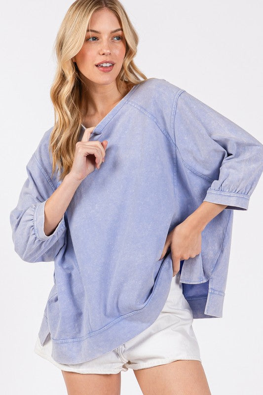 Mineral Washed Side Slit Round Neck Sweatshirt - Tigbul's Variety Fashion Shop