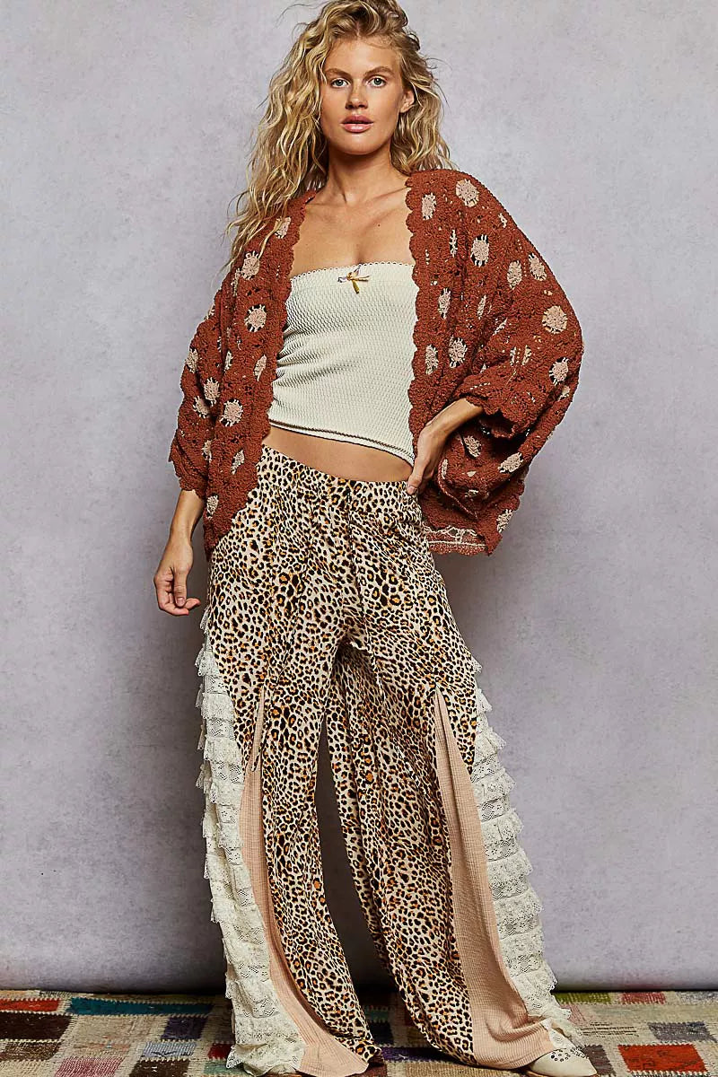 POL Openwork V-Neck Chenille Cardigan with Contrast Floral - Tigbul's Variety Fashion Shop