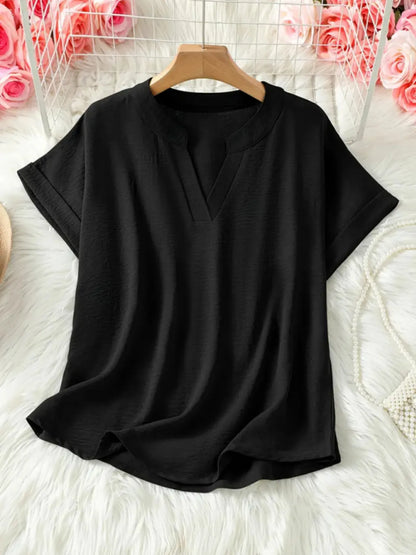 Casual Notched Short Sleeve Blouse - Tigbul's Variety Fashion Shop