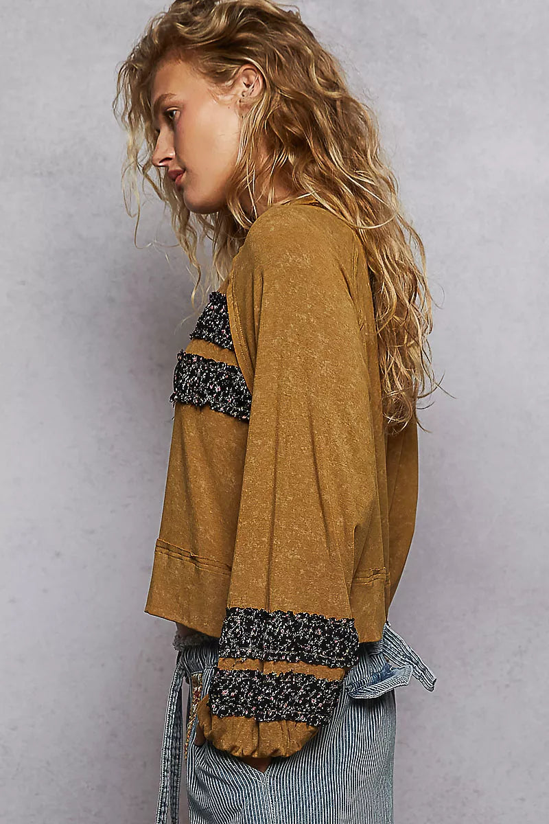 POL Print Patch Round Neck Balloon Sleeve Cropped Top - Tigbul's Variety Fashion Shop