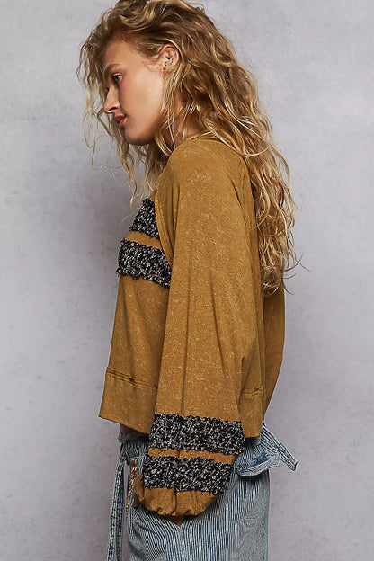 POL Print Patch Round Neck Balloon Sleeve Cropped Top - Tigbul's Variety Fashion Shop