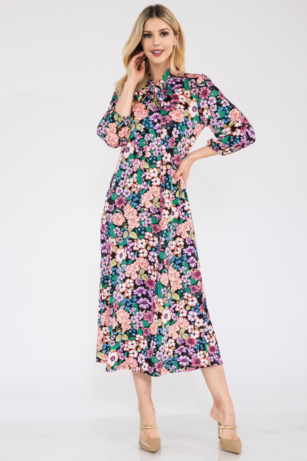 Size Small to 3XL Floral Midi Dress with Bow Tie - Tigbul's Variety Fashion Shop