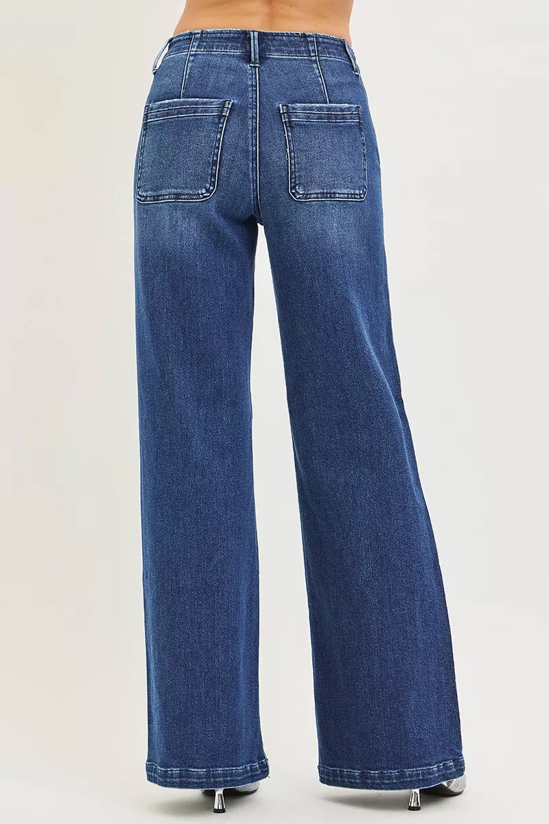Back view: dark wash high-rise wide-leg jeans with two patch pockets