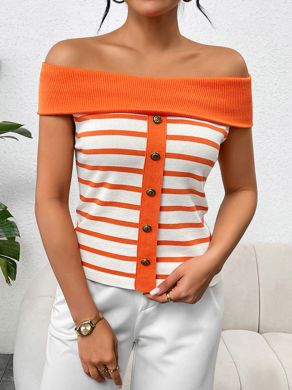 Decorative Button Striped Off-Shoulder Knit Top - Tigbuls Variety Fashion