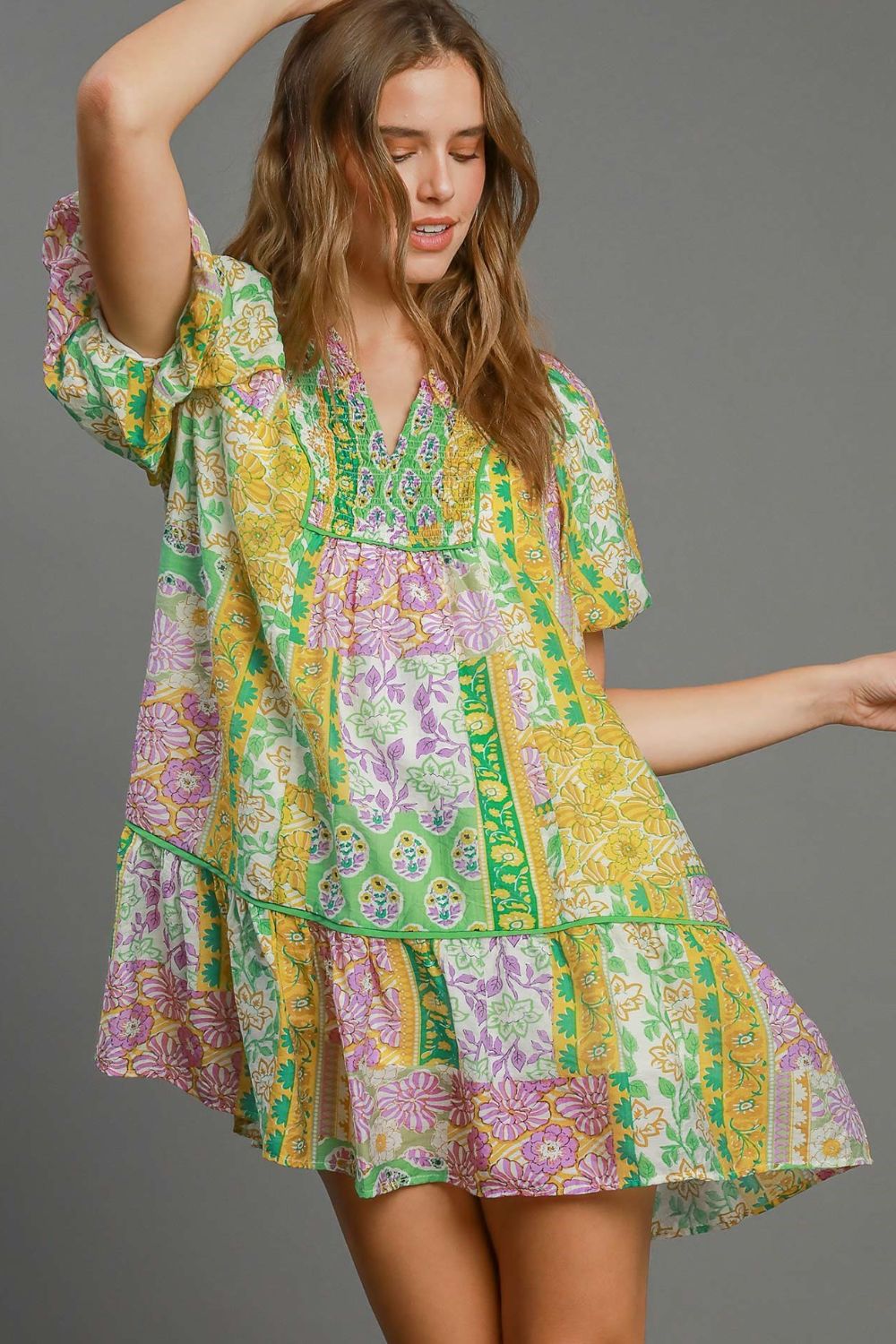 Umgee Full Size Smocked Floral Puff Sleeve Mini Dress Plus Size - Tigbul's Variety Fashion Shop