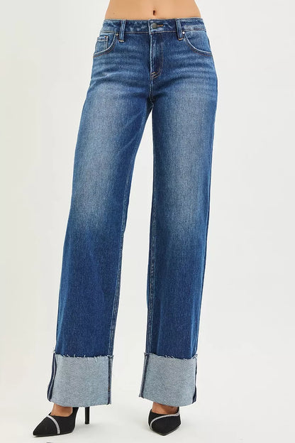RISEN Mid Rise Wide Straight Jeans With Wide Cuff - Tigbul's Variety Fashion Shop