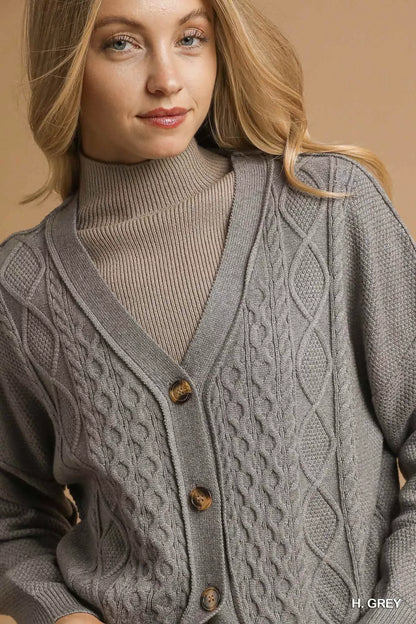 Umgee Chunky Cable Knit V-Neck Button-Up Cardigan - Tigbul's Variety Fashion Shop