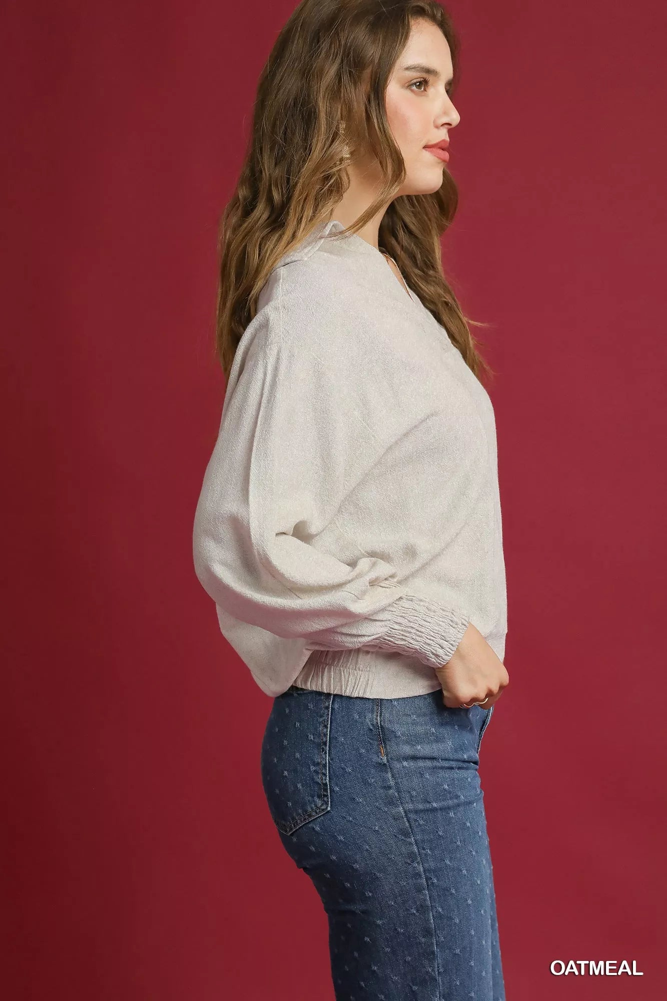 Umgee Linen Long Sleeves Elastic Hem Blouse - Tigbul's Variety Fashion Shop