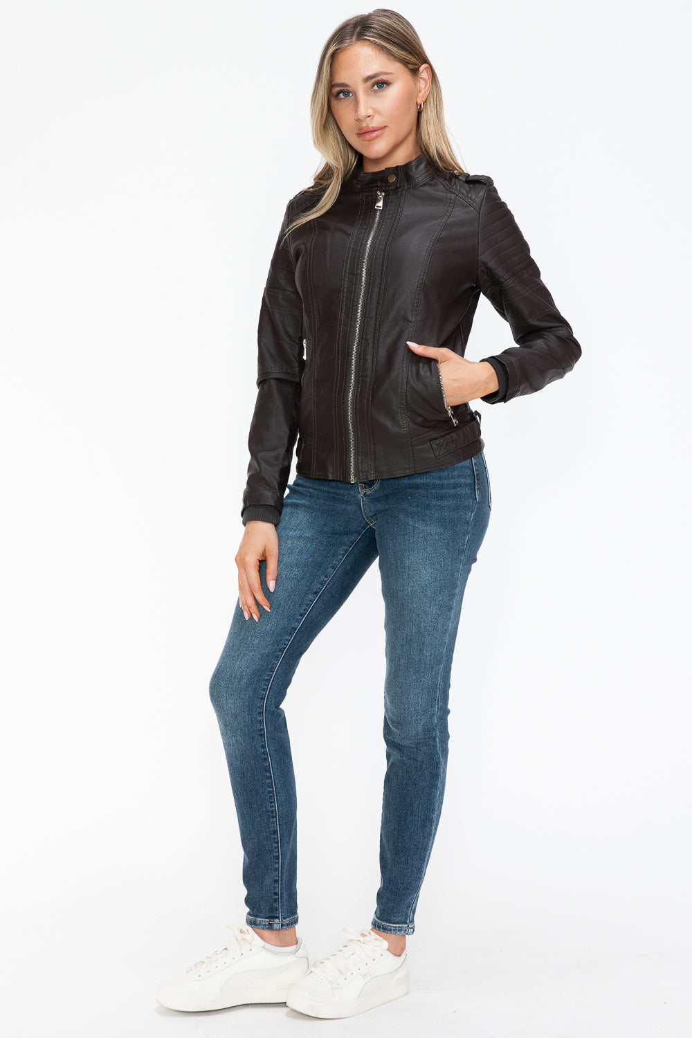 Brown PU Leather Biker Jacket with Side Zip Pockets