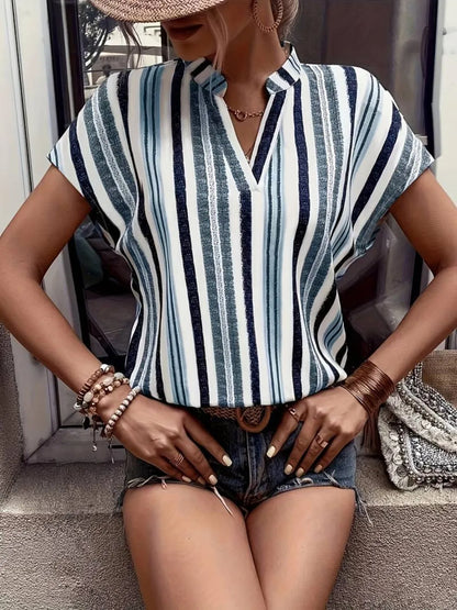 Striped Notched Short Sleeve Shirt - Tigbul's Variety Fashion Shop