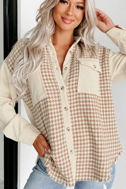 Beige Houndstooth Button Up Long Sleeve Jacket - Tigbul's Variety Fashion Shop