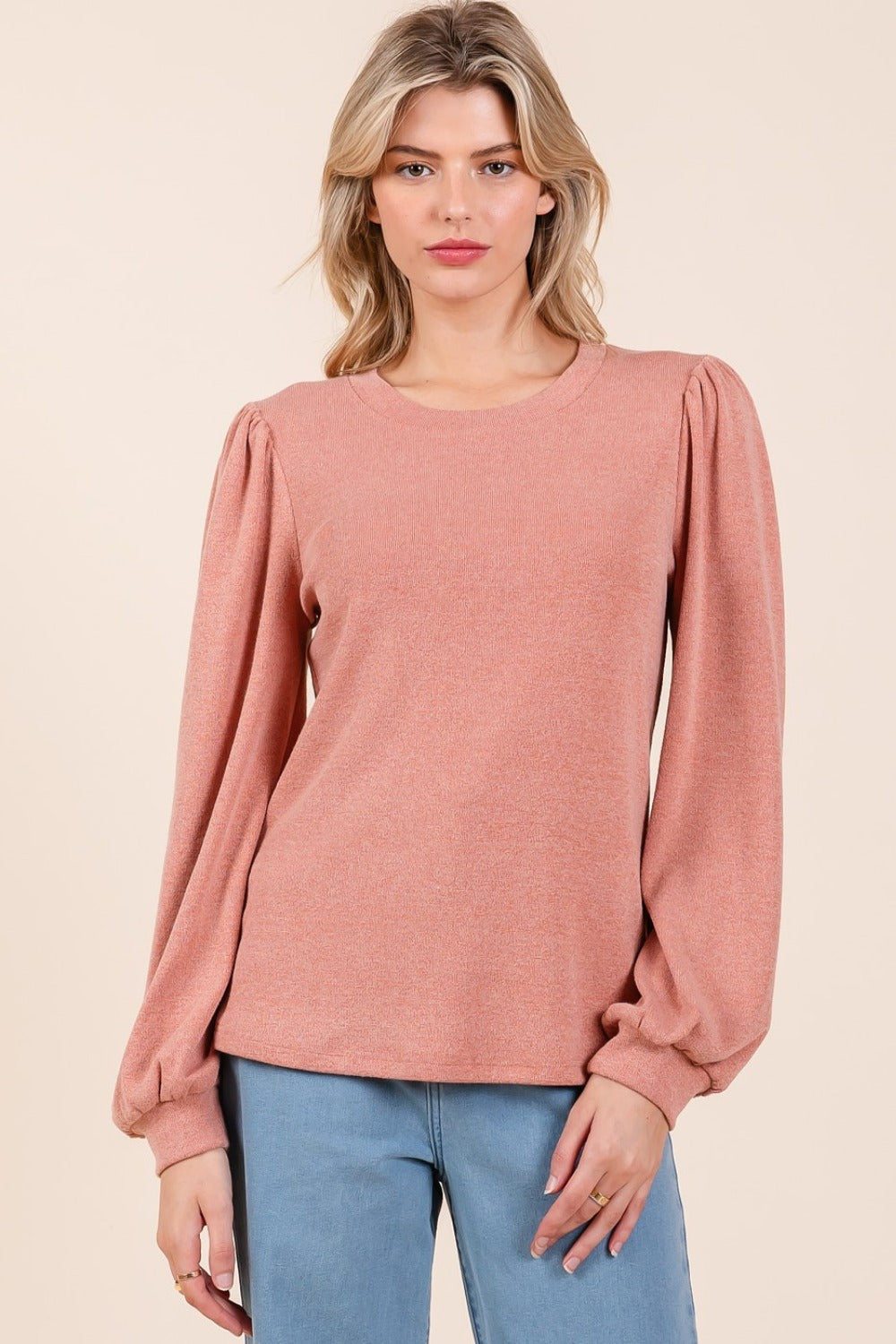 Round Neck Long Sleeve Rib Knit Top - Tigbul's Variety Fashion Shop