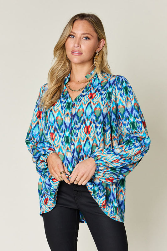 Blue Printed Balloon Sleeve Blouse Small up to 3XL - Tigbul's Variety Fashion Shop