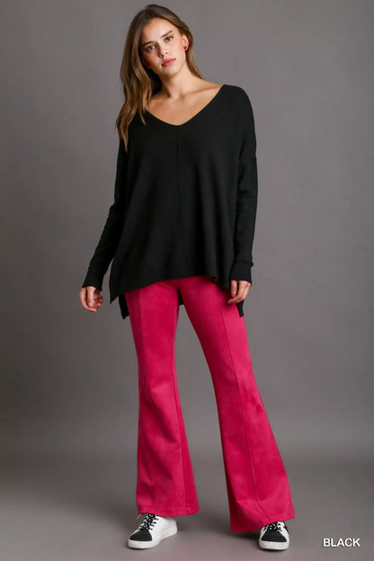 Umgee V-Neck High Low Hem Knit Top with Side Slit - Tigbul's Variety Fashion Shop