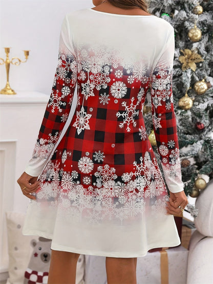 Snowflakes Plaid Round Neck Long Sleeve Dress - Tigbul's Variety Fashion Shop