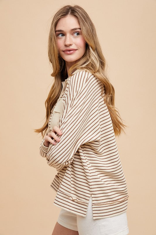 Striped Button Detail Long Sleeve Polo Top - Tigbul's Variety Fashion Shop