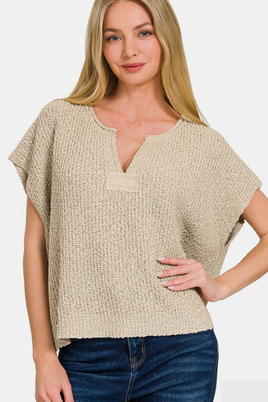 Zenana Short Sleeve Side Slit Sweater - Tigbul's Variety Fashion Shop