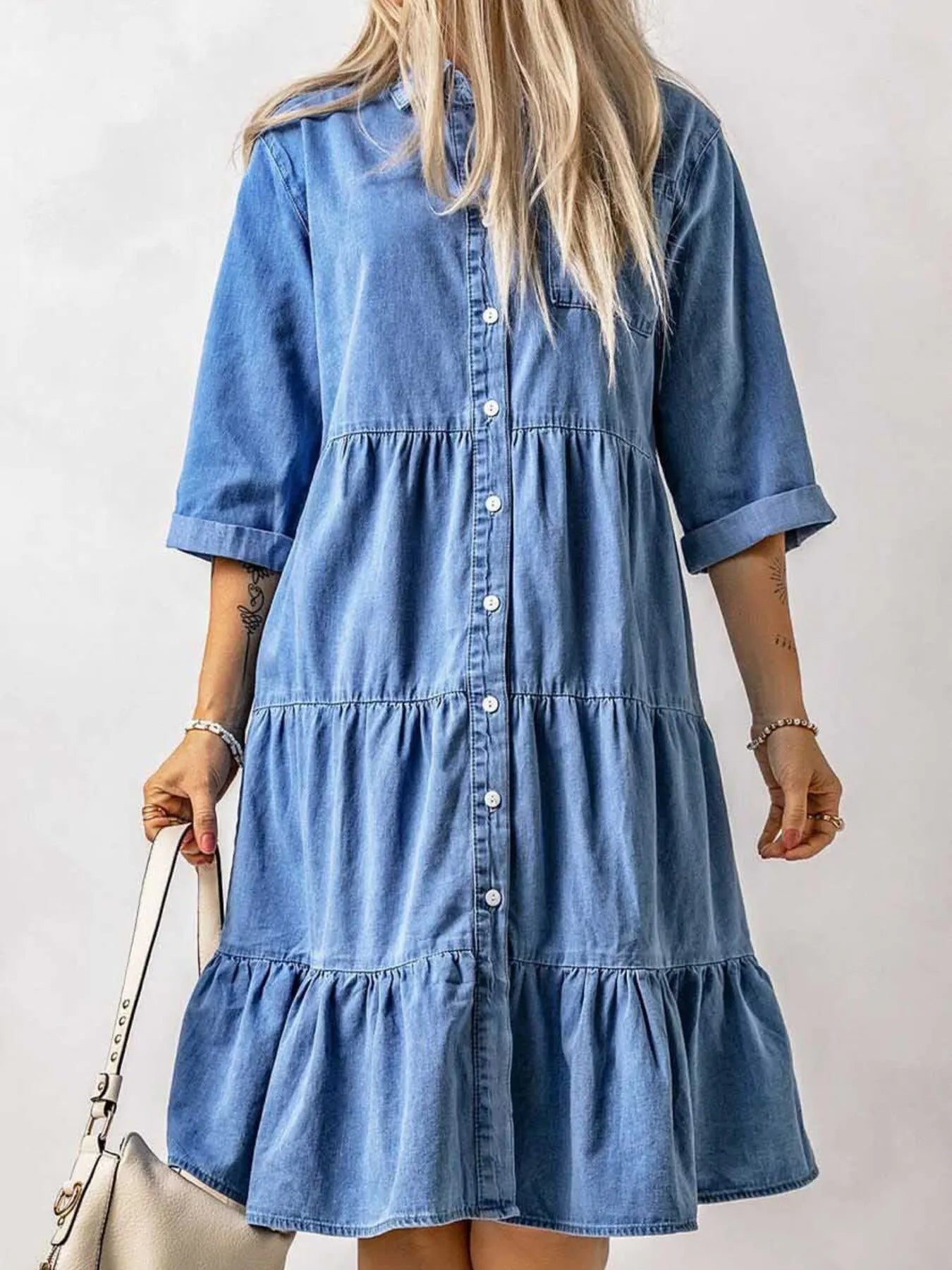 Full Size Ruffled Hem Button Up Denim Midi Dress Plus Size - Tigbul's Variety Fashion Shop