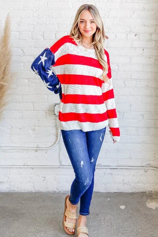 Red/Navy American Flag Long Sleeve Sweater - Tigbul's Variety Fashion Shop