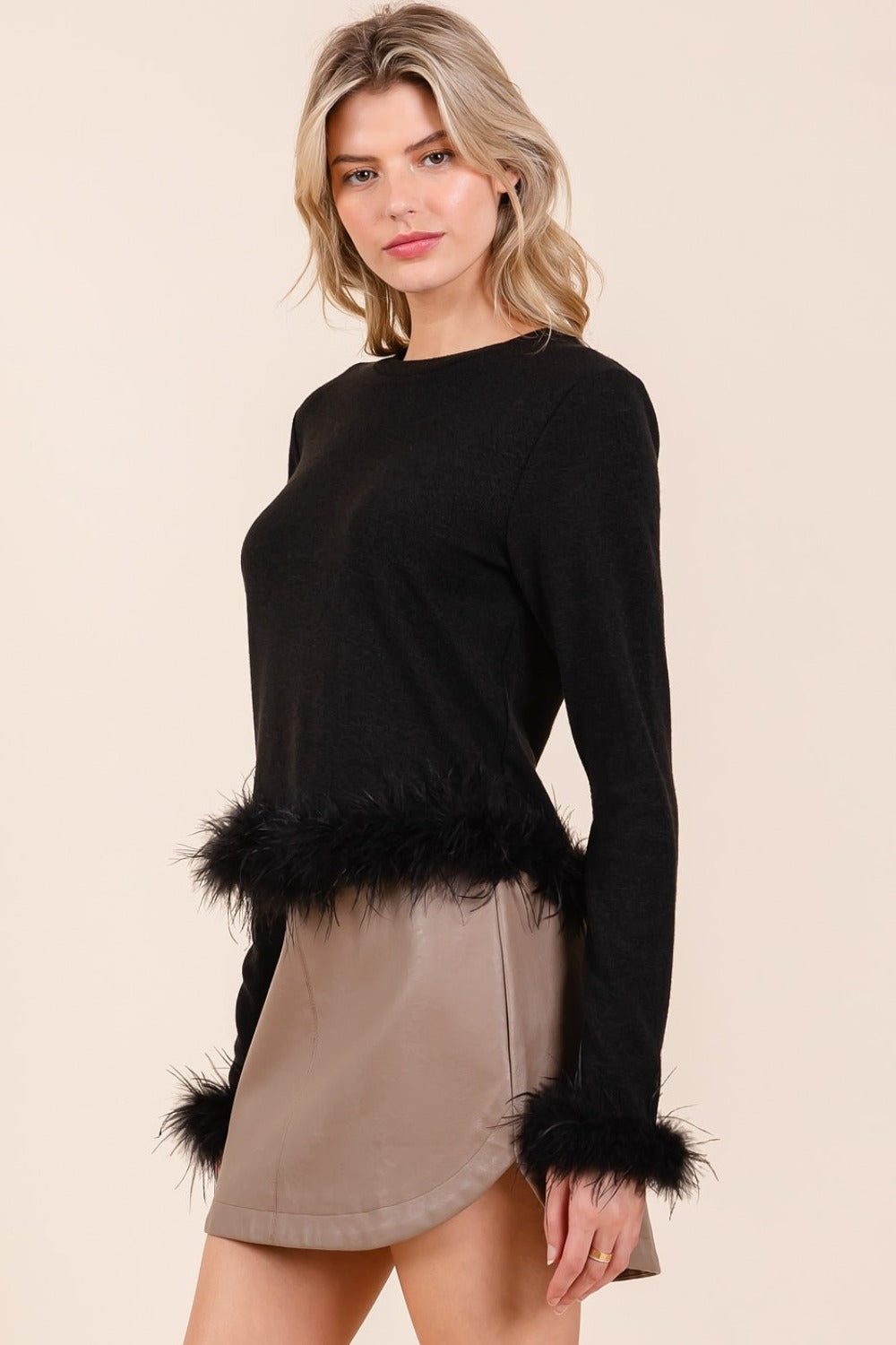 Feather Trim Long Sleeve Crop Hacci Knit Top - Tigbul's Variety Fashion Shop