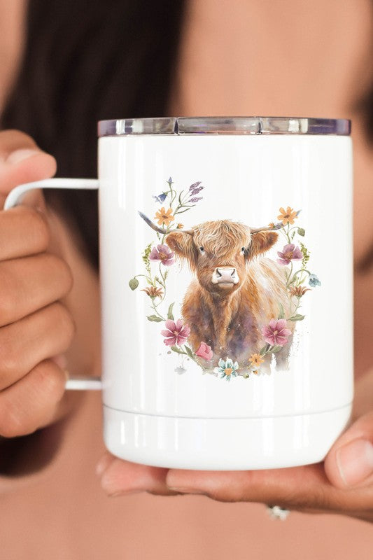 Highland Cow Floral Stainless Steel Travel Cup - Tigbul's Variety Fashion Shop