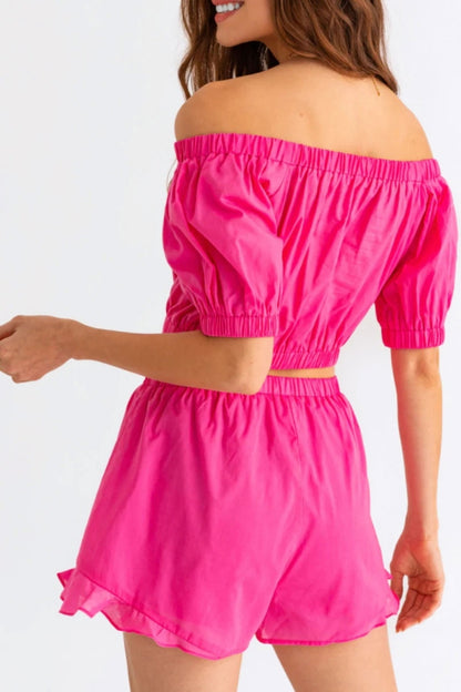 Tasha Apparel Off Shoulder Crop Top and Ruffled Shorts Set - Tigbuls Variety Fashion