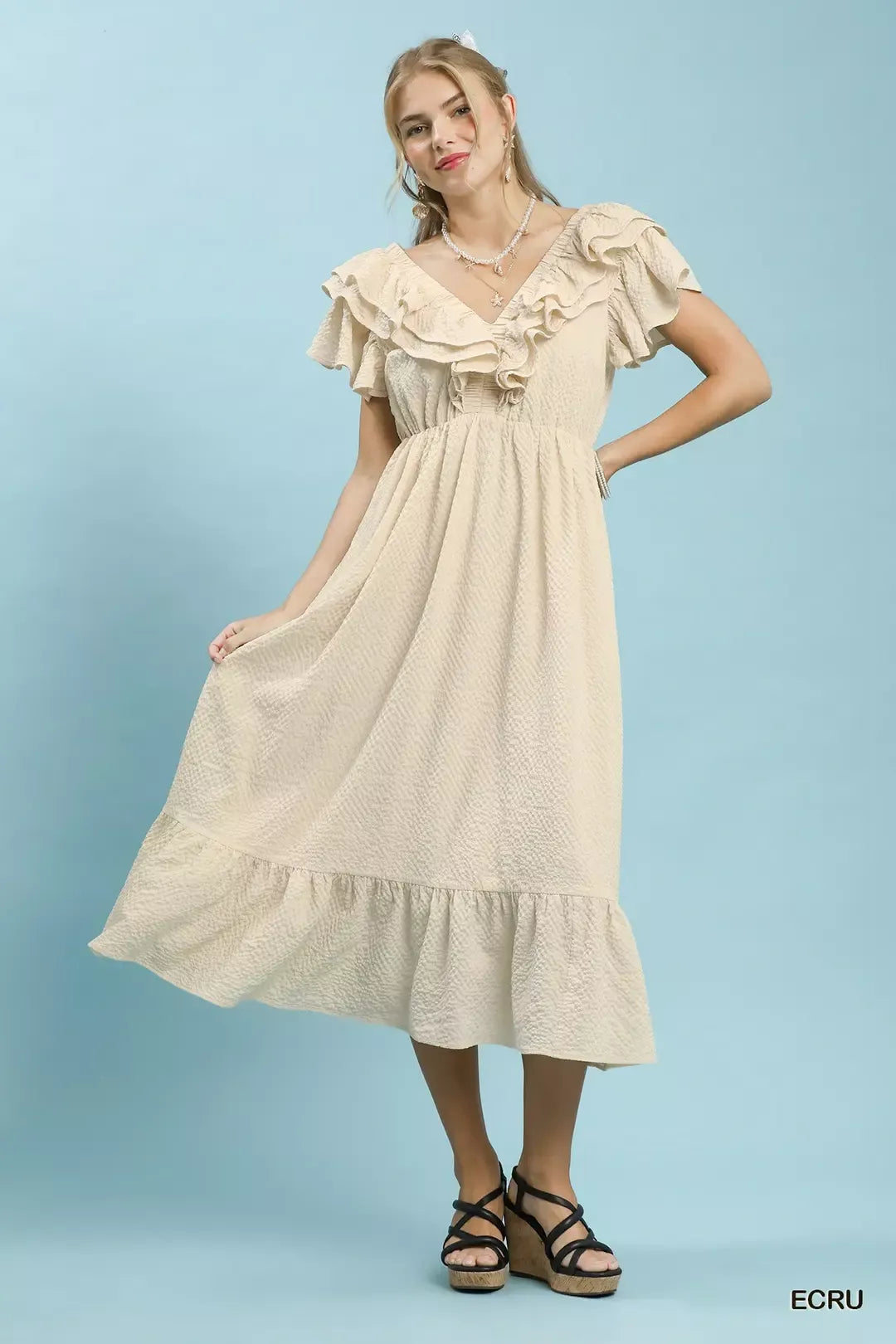 Umgee Textured Ruffle Midi Dress - Tigbul's Variety Fashion Shop