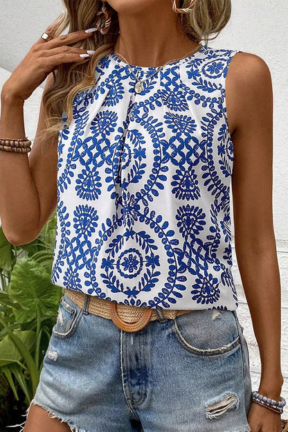 Printed Crew Neck Sleeveless Top - Tigbul's Variety Fashion Shop