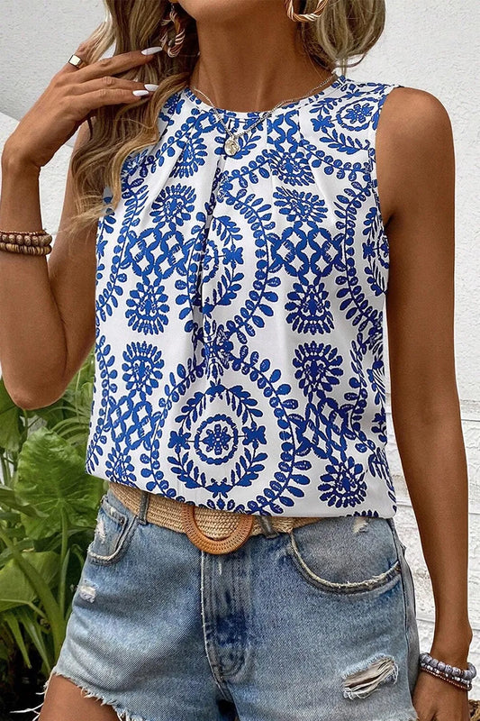 Printed Crew Neck Sleeveless Top - Tigbul's Variety Fashion Shop