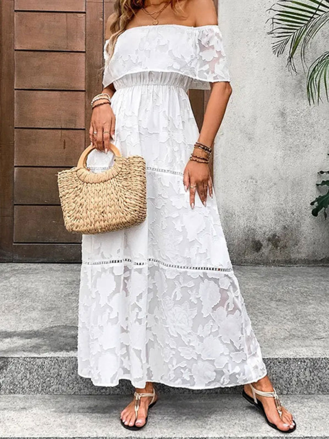 Off-Shoulder Short Sleeve Maxi Dress - Tigbul's Variety Fashion Shop