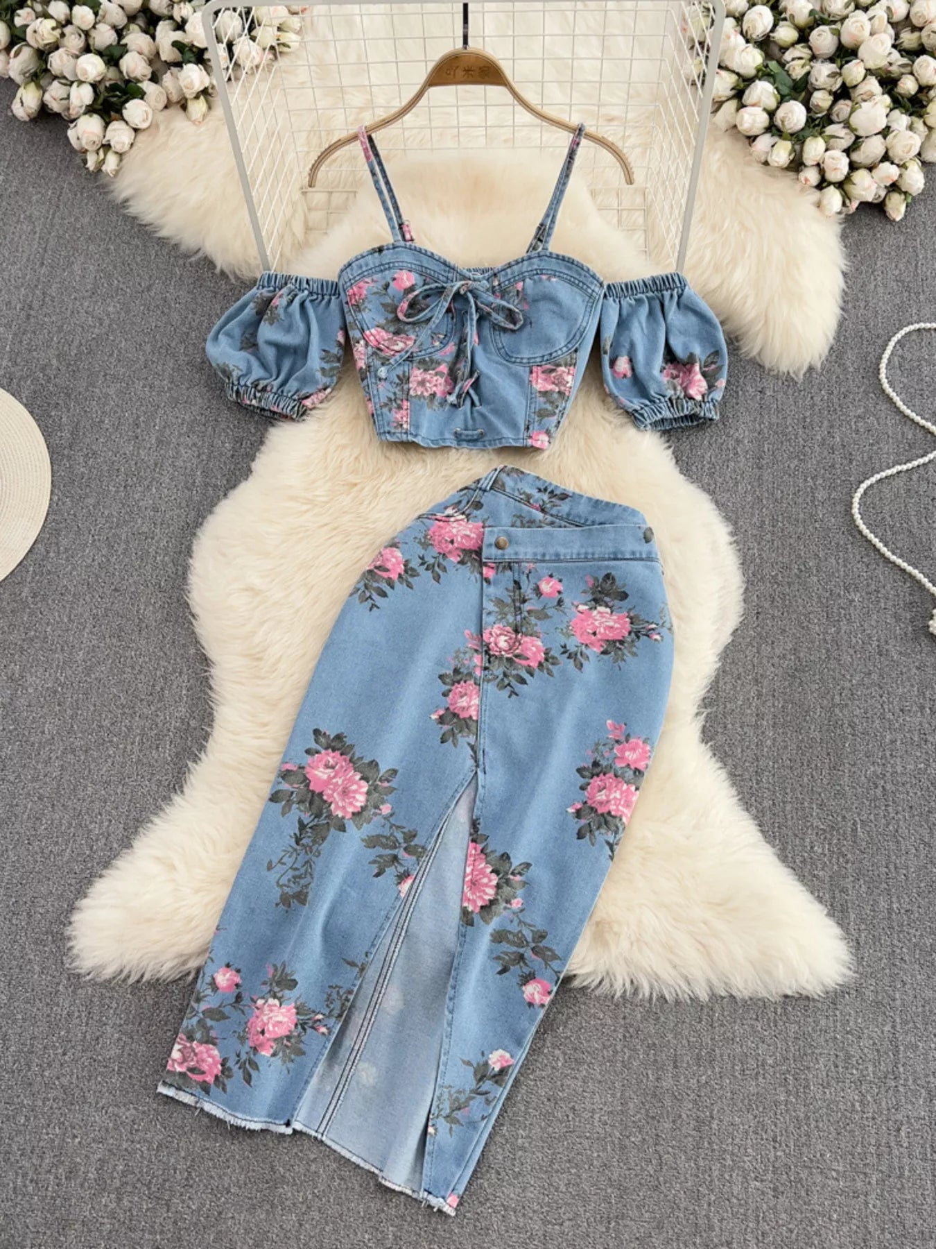 Trendsi Blue floral denim set: sweetheart cami top with off-shoulder puff sleeves and skirt