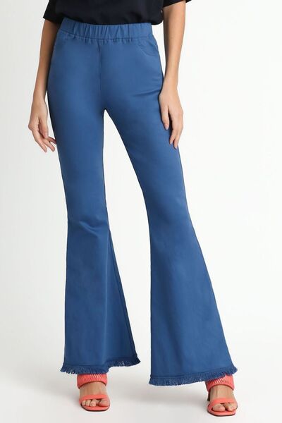 Blue Wide Flare Leg Stretch Pants with Frayed Hem - Tigbul's Variety Fashion Shop
