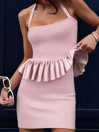 Ribbed Halter Neck Peplum Mini Dress - Tigbul's Variety Fashion Shop