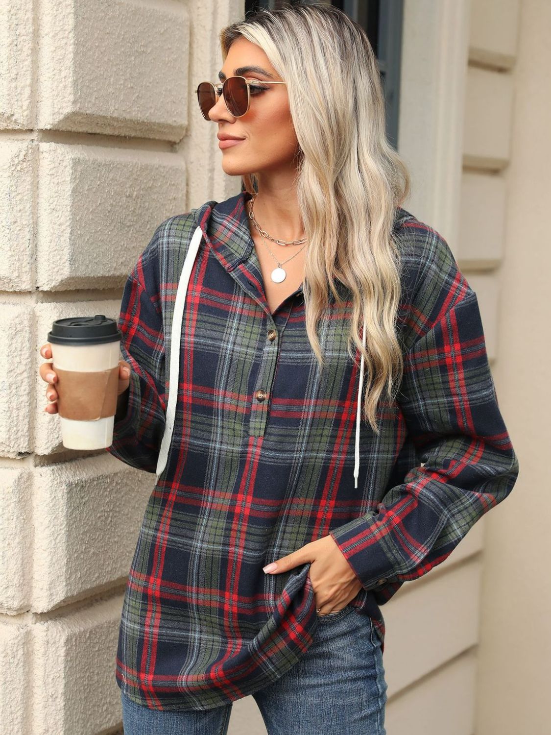 Drawstring Plaid Hooded Long Sleeve Top - Tigbul's Variety Fashion Shop