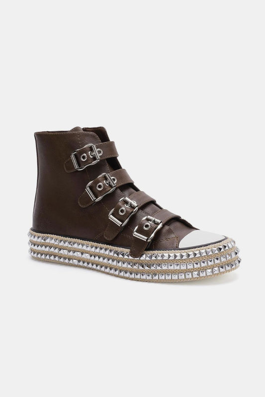 Dark Brown Multi-Buckle Straps Studded Platform Sneakers - Tigbul's Variety Fashion Shop