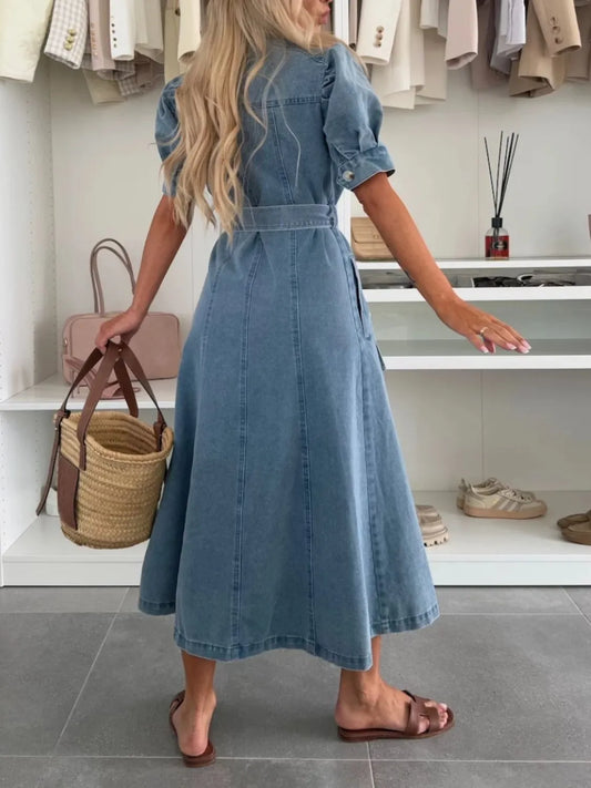Puff Sleeve Button Down Belted Denim Midi Dress - Tigbul's Variety Fashion Shop